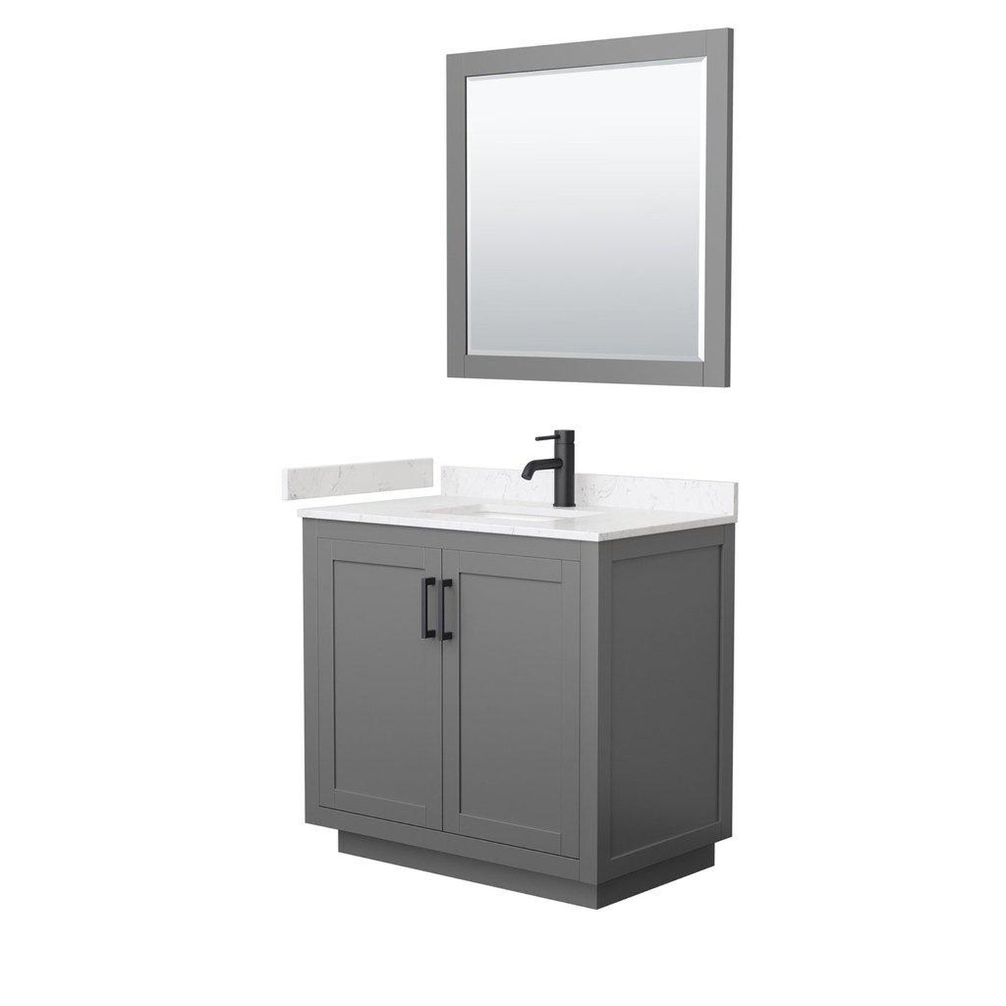 Wyndham Collection Miranda 36" Single Bathroom Dark Gray Vanity Set With Light-Vein Carrara Cultured Marble Countertop, Undermount Square Sink, 34" Mirror And Matte Black Trim