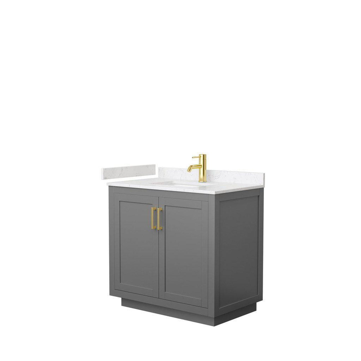 Wyndham Collection Miranda 36" Single Bathroom Dark Gray Vanity Set With Light-Vein Carrara Cultured Marble Countertop, Undermount Square Sink, And Brushed Gold Trim