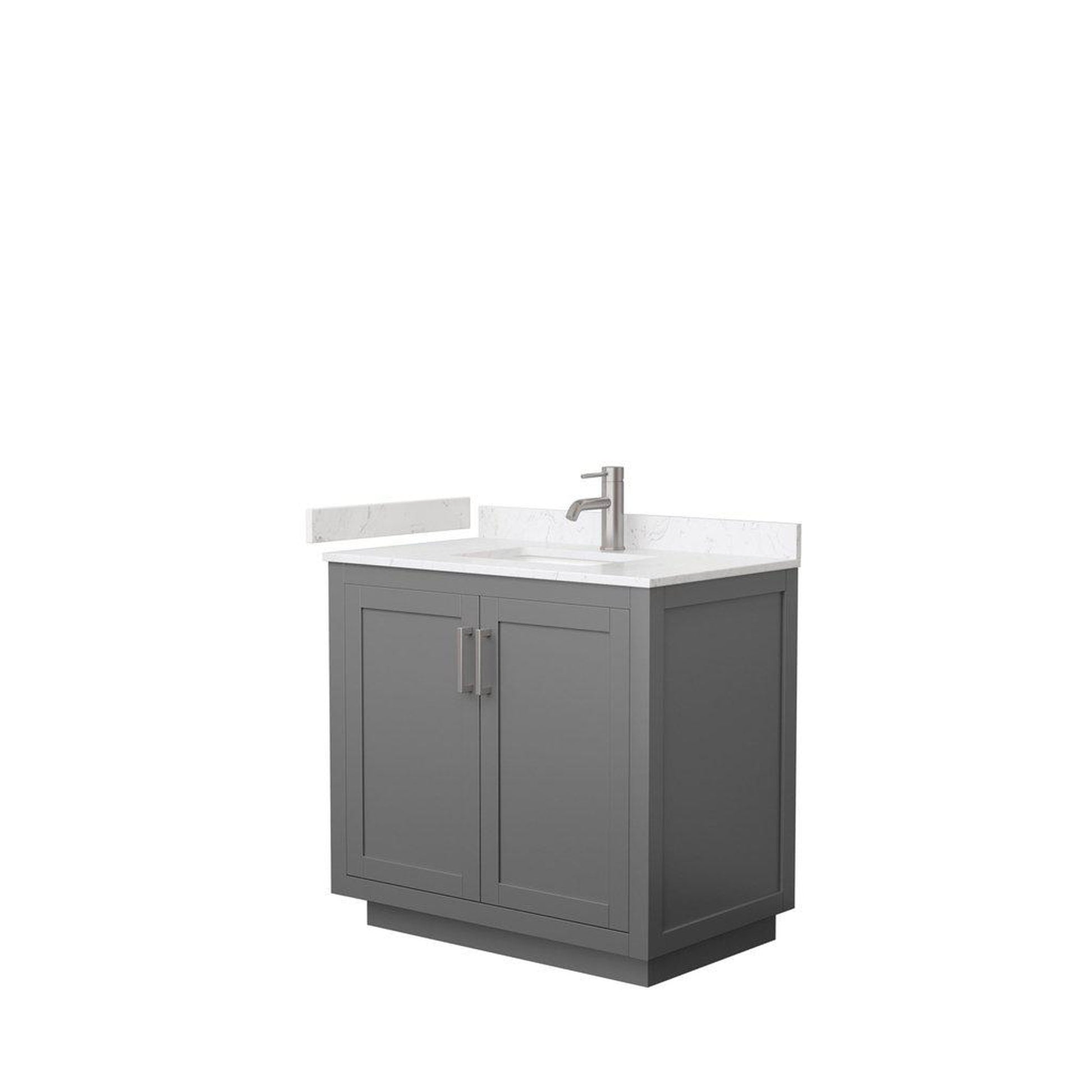 Wyndham Collection Miranda 36" Single Bathroom Dark Gray Vanity Set With Light-Vein Carrara Cultured Marble Countertop, Undermount Square Sink, And Brushed Nickel Trim