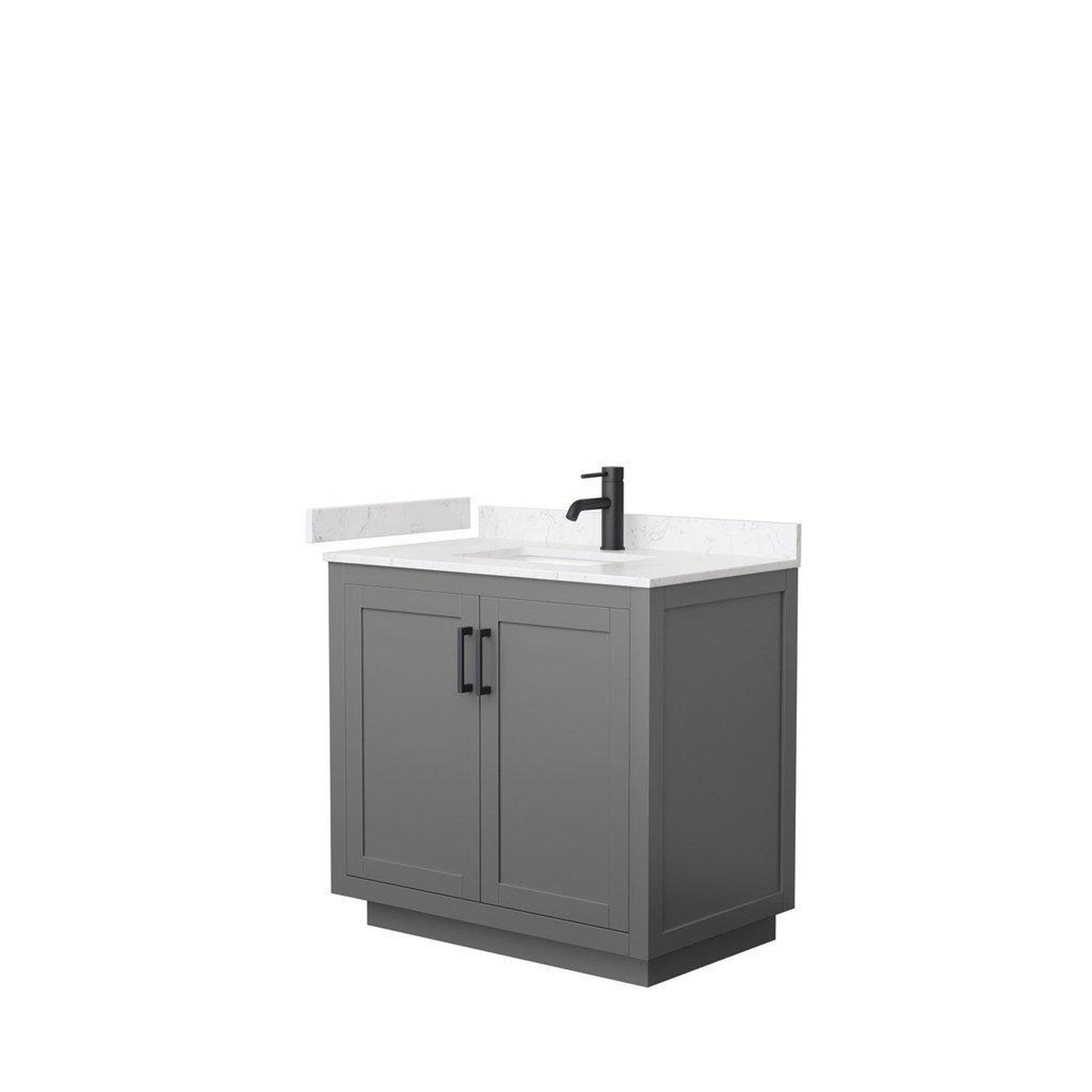 Wyndham Collection Miranda 36" Single Bathroom Dark Gray Vanity Set With Light-Vein Carrara Cultured Marble Countertop, Undermount Square Sink, And Matte Black Trim