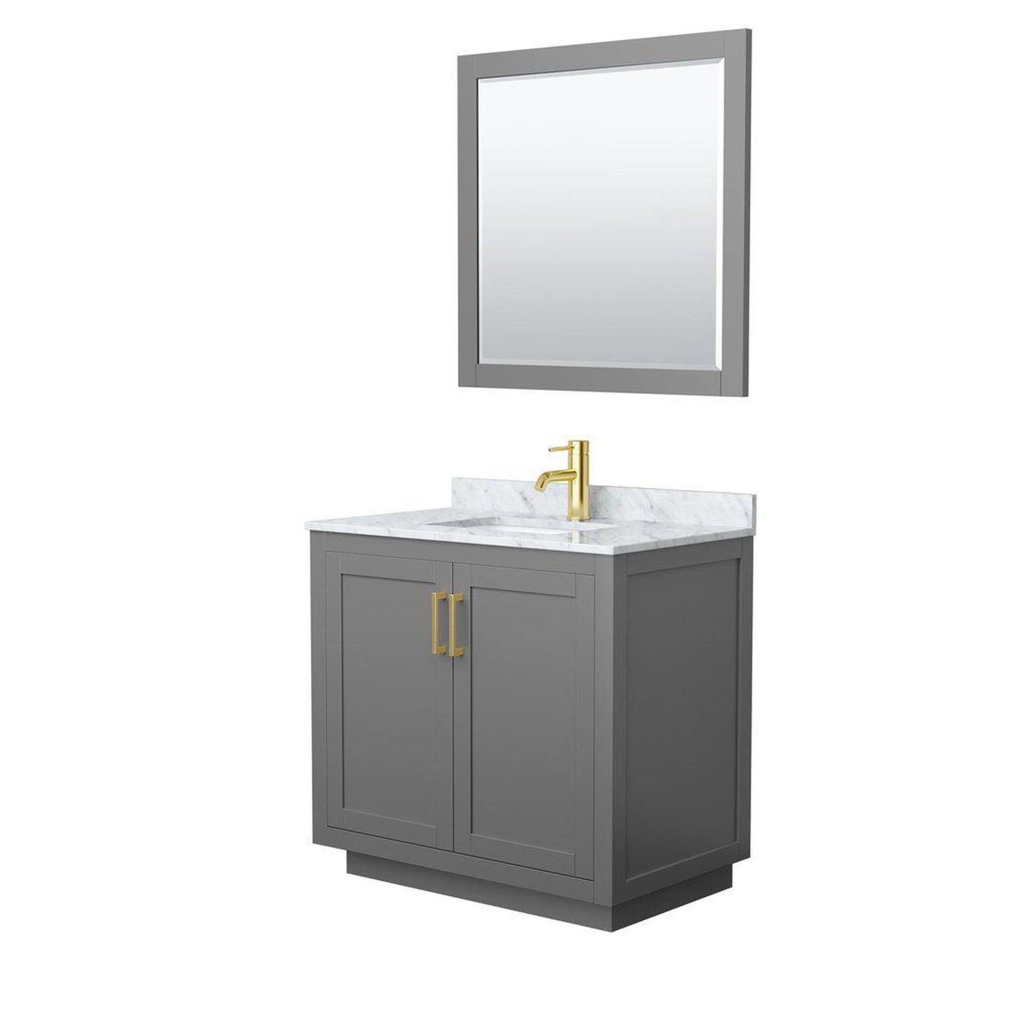 Wyndham Collection Miranda 36" Single Bathroom Dark Gray Vanity Set With White Carrara Marble Countertop, Undermount Square Sink, 34" Mirror And Brushed Gold Trim