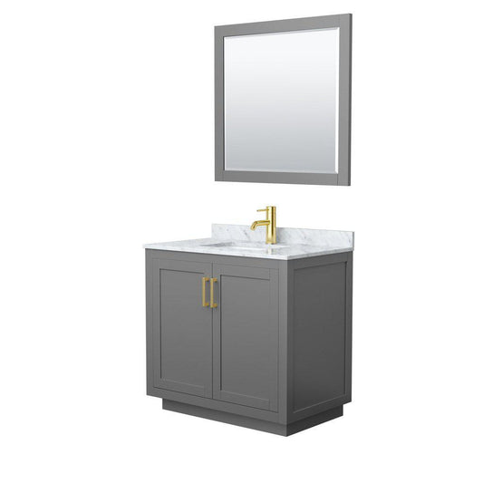 Wyndham Collection Miranda 36" Single Bathroom Dark Gray Vanity Set With White Carrara Marble Countertop, Undermount Square Sink, 34" Mirror And Brushed Gold Trim