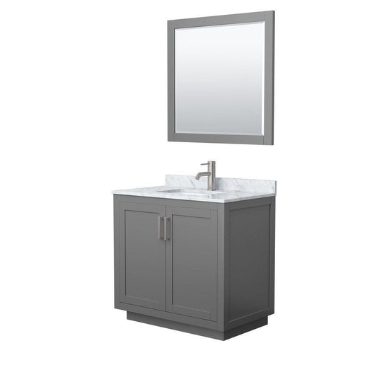 Wyndham Collection Miranda 36" Single Bathroom Dark Gray Vanity Set With White Carrara Marble Countertop, Undermount Square Sink, 34" Mirror And Brushed Nickel Trim