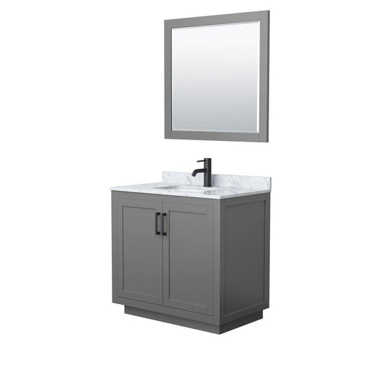 Wyndham Collection Miranda 36" Single Bathroom Dark Gray Vanity Set With White Carrara Marble Countertop, Undermount Square Sink, 34" Mirror And Matte Black Trim