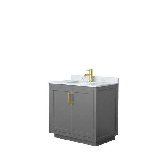 Wyndham Collection Miranda 36" Single Bathroom Dark Gray Vanity Set With White Carrara Marble Countertop, Undermount Square Sink, And Brushed Gold Trim