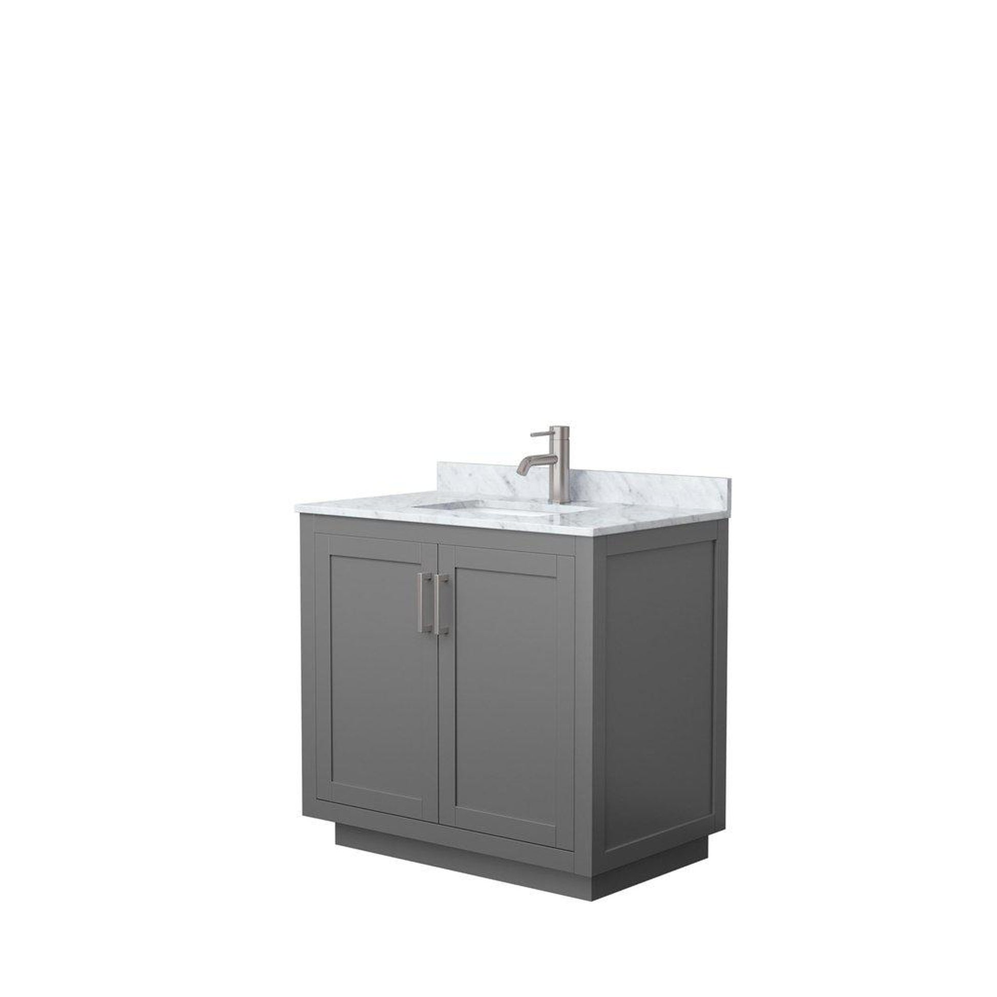 Wyndham Collection Miranda 36" Single Bathroom Dark Gray Vanity Set With White Carrara Marble Countertop, Undermount Square Sink, And Brushed Nickel Trim