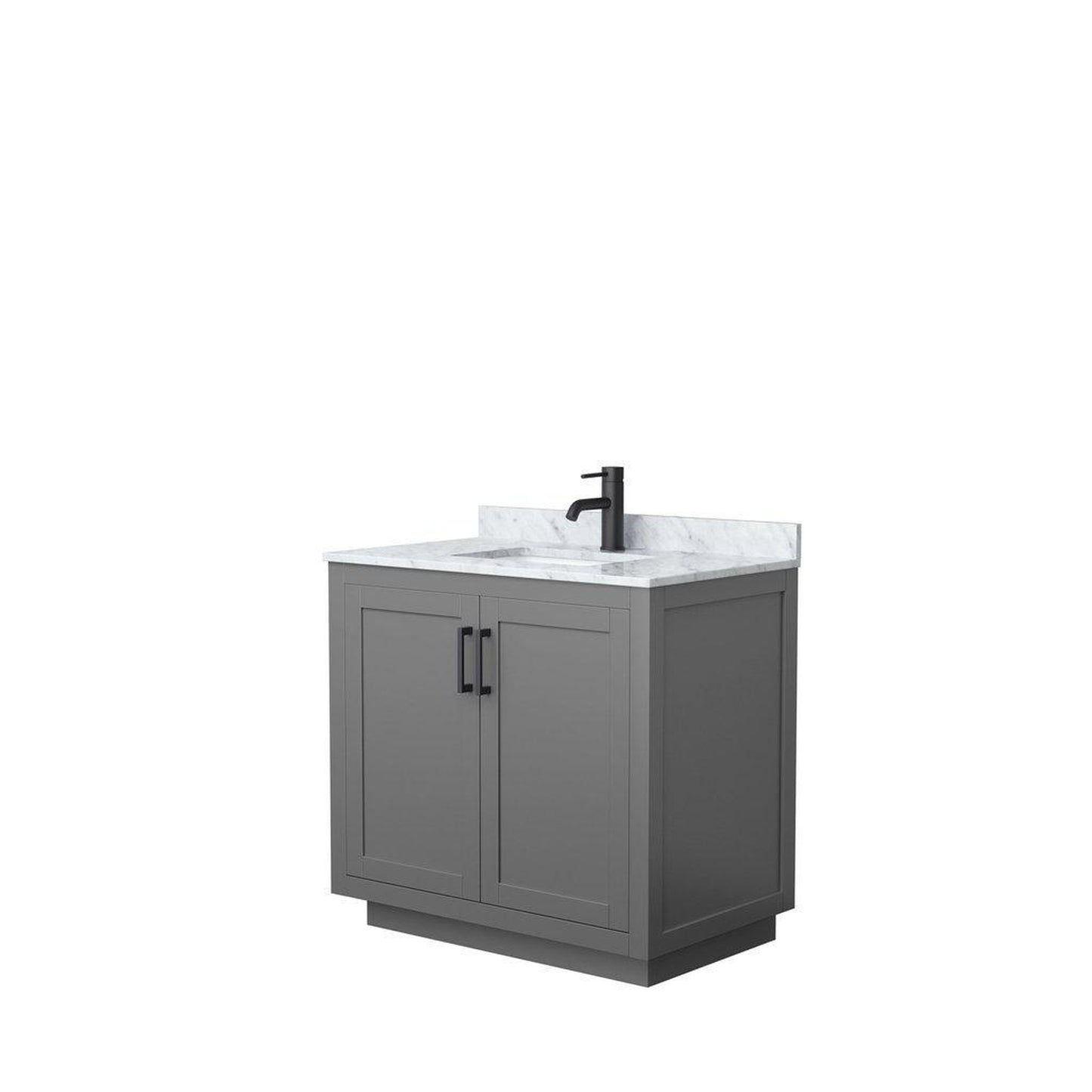 Wyndham Collection Miranda 36" Single Bathroom Dark Gray Vanity Set With White Carrara Marble Countertop, Undermount Square Sink, And Matte Black Trim