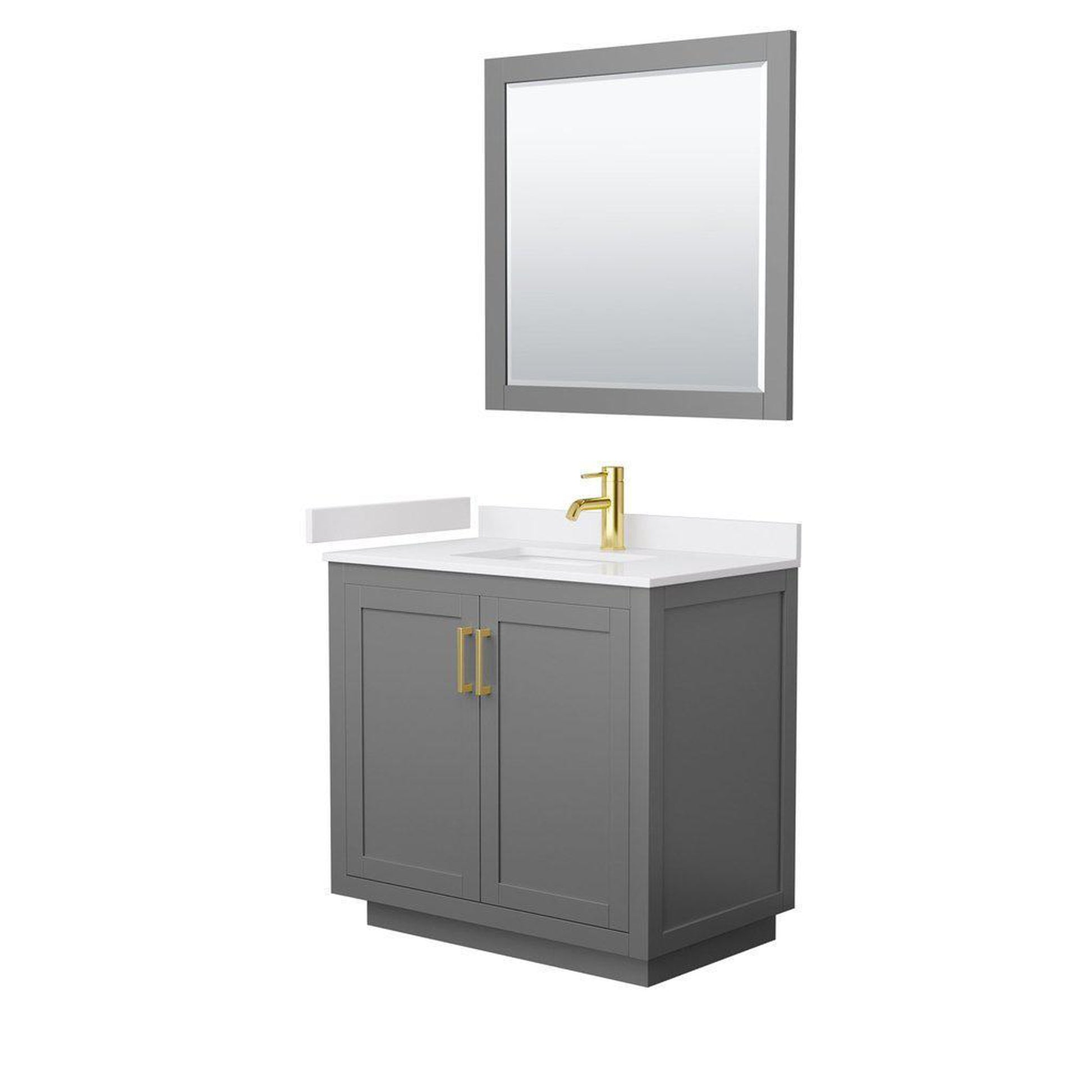 Wyndham Collection Miranda 36" Single Bathroom Dark Gray Vanity Set With White Cultured Marble Countertop, Undermount Square Sink, 34" Mirror And Brushed Gold Trim