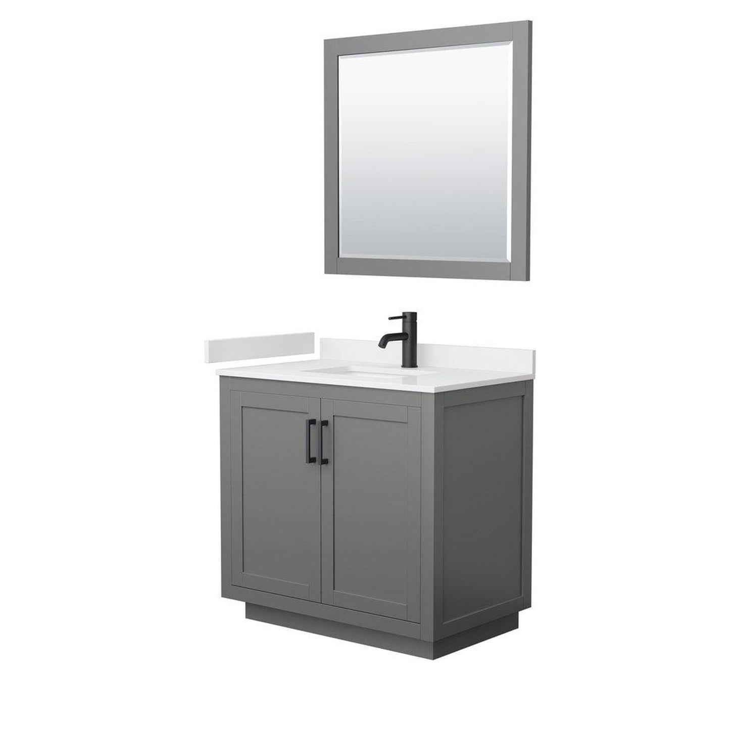 Wyndham Collection Miranda 36" Single Bathroom Dark Gray Vanity Set With White Cultured Marble Countertop, Undermount Square Sink, 34" Mirror And Matte Black Trim