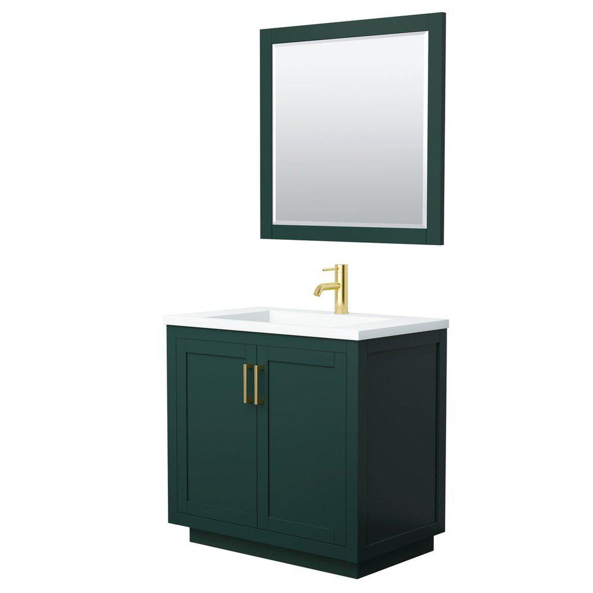 Wyndham Collection Miranda 36" Single Bathroom Green Vanity Set With 1.25" Thick Matte White Solid Surface Countertop, Integrated Sink, 34" Mirror And Brushed Gold Trim