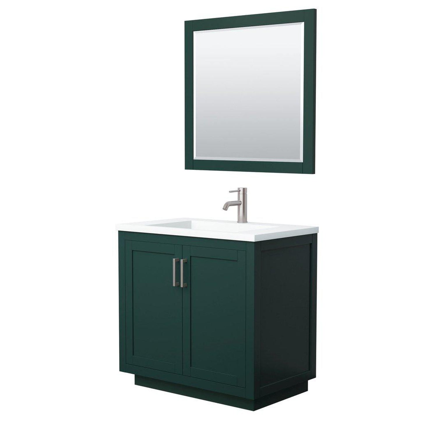 Wyndham Collection Miranda 36" Single Bathroom Green Vanity Set With 1.25" Thick Matte White Solid Surface Countertop, Integrated Sink, 34" Mirror And Brushed Nickel Trim