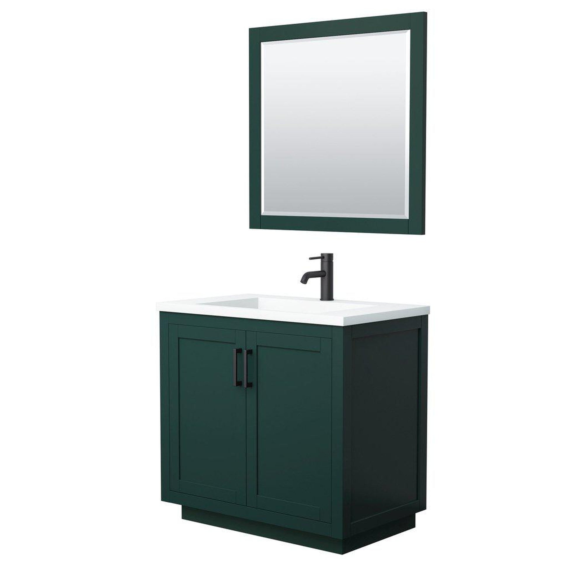 Wyndham Collection Miranda 36" Single Bathroom Green Vanity Set With 1.25" Thick Matte White Solid Surface Countertop, Integrated Sink, 34" Mirror And Matte Black Trim