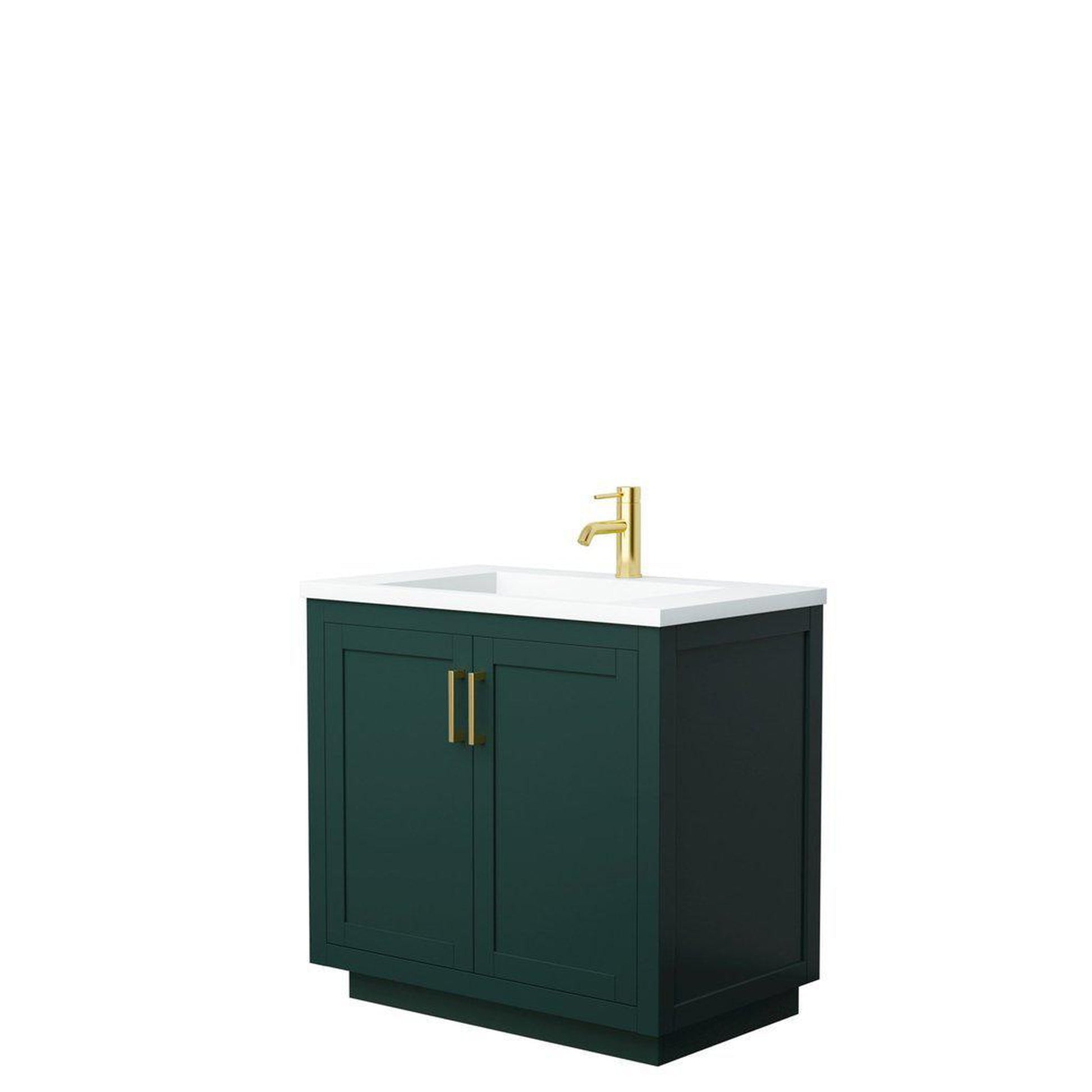 Wyndham Collection Miranda 36" Single Bathroom Green Vanity Set With 1.25" Thick Matte White Solid Surface Countertop, Integrated Sink, And Brushed Gold Trim