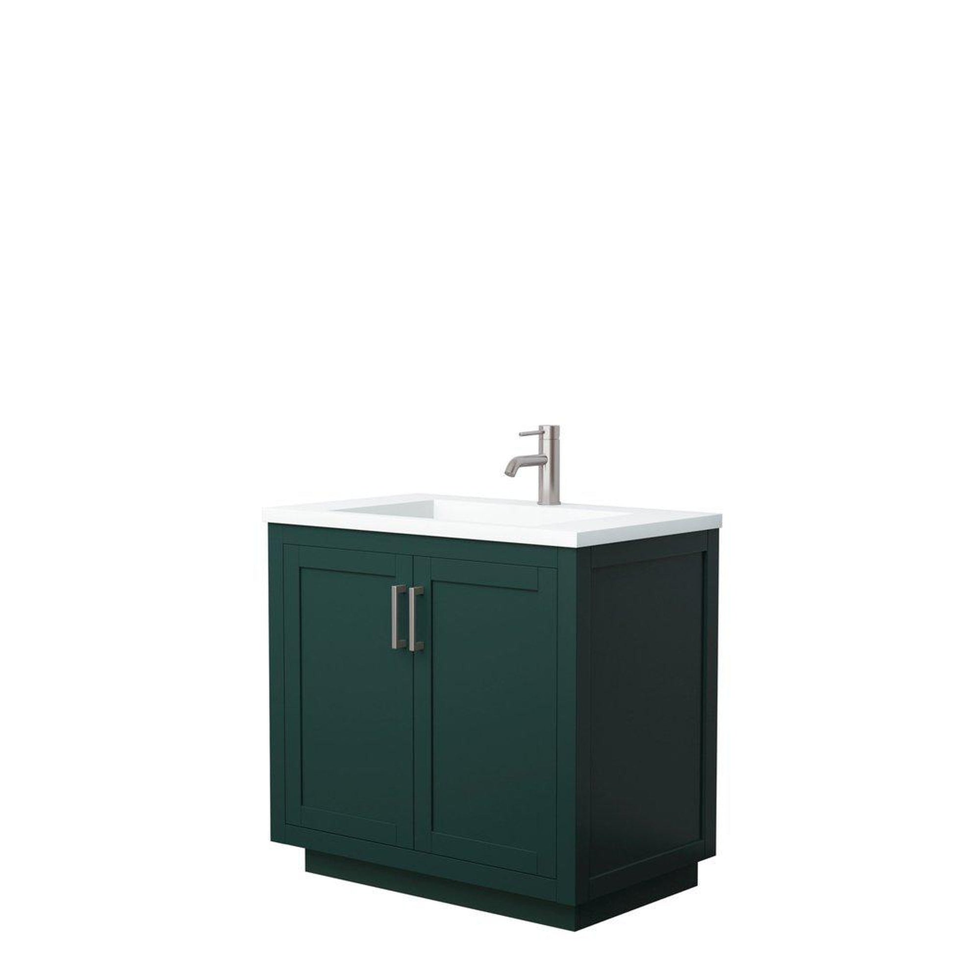 Wyndham Collection Miranda 36" Single Bathroom Green Vanity Set With 1.25" Thick Matte White Solid Surface Countertop, Integrated Sink, And Brushed Nickel Trim