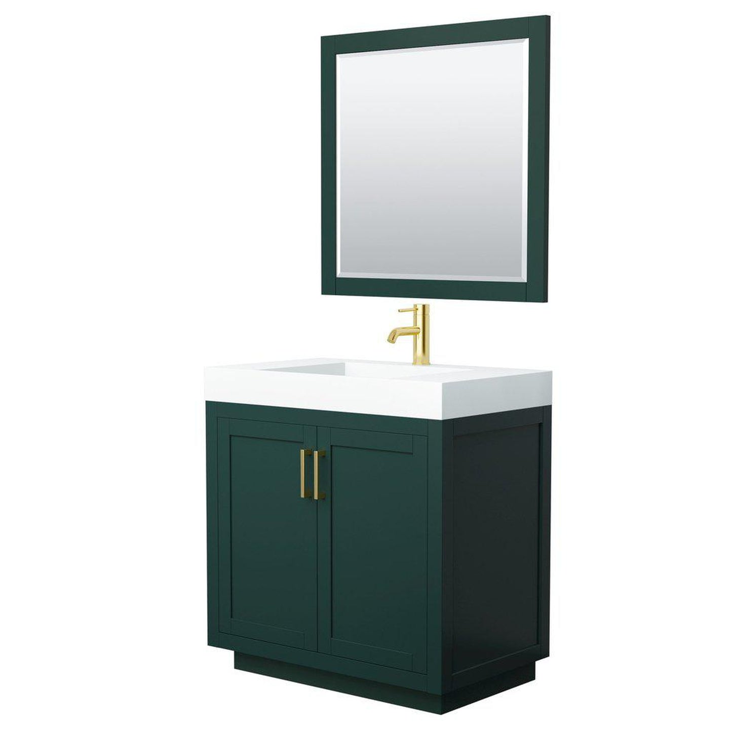 Wyndham Collection Miranda 36" Single Bathroom Green Vanity Set With 4" Thick Matte White Solid Surface Countertop, Integrated Sink, 34" Mirror And Brushed Gold Trim