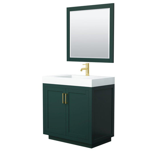 Wyndham Collection Miranda 36" Single Bathroom Green Vanity Set With 4" Thick Matte White Solid Surface Countertop, Integrated Sink, 34" Mirror And Brushed Gold Trim