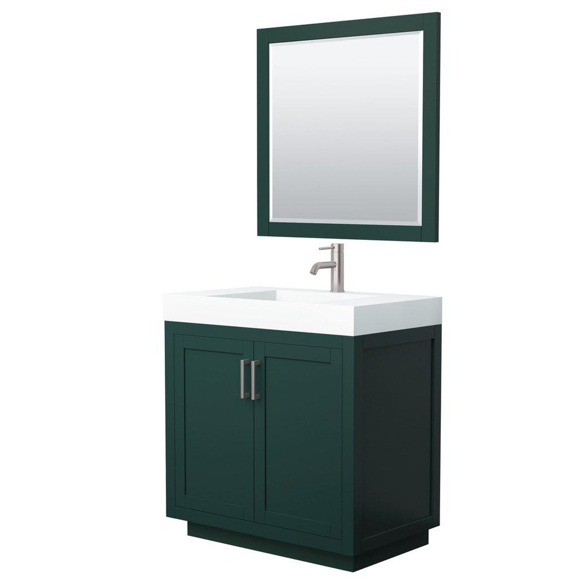 Wyndham Collection Miranda 36" Single Bathroom Green Vanity Set With 4" Thick Matte White Solid Surface Countertop, Integrated Sink, 34" Mirror And Brushed Nickel Trim