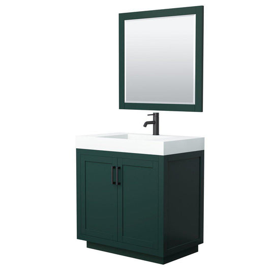 Wyndham Collection Miranda 36" Single Bathroom Green Vanity Set With 4" Thick Matte White Solid Surface Countertop, Integrated Sink, 34" Mirror And Matte Black Trim
