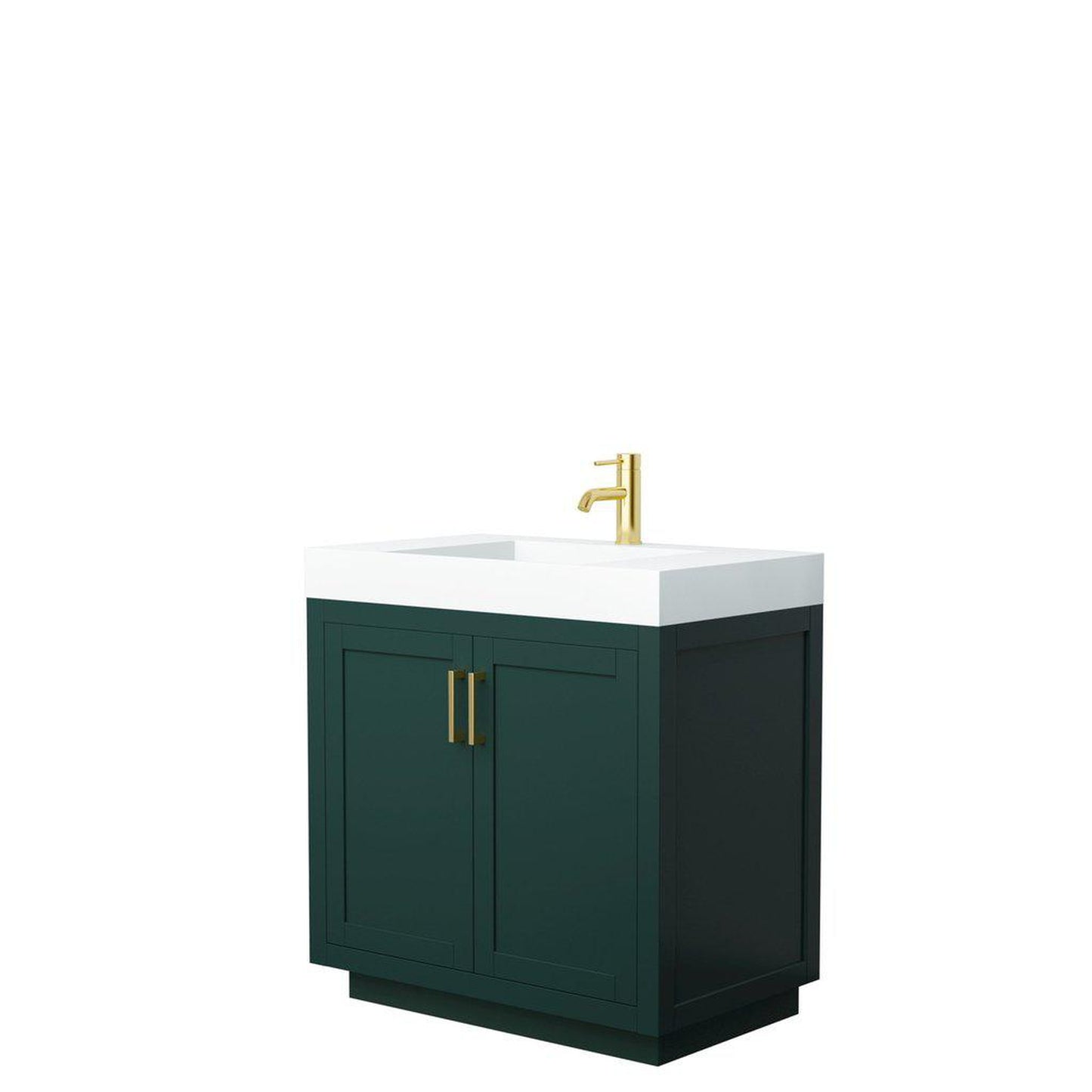 Wyndham Collection Miranda 36" Single Bathroom Green Vanity Set With 4" Thick Matte White Solid Surface Countertop, Integrated Sink, And Brushed Gold Trim