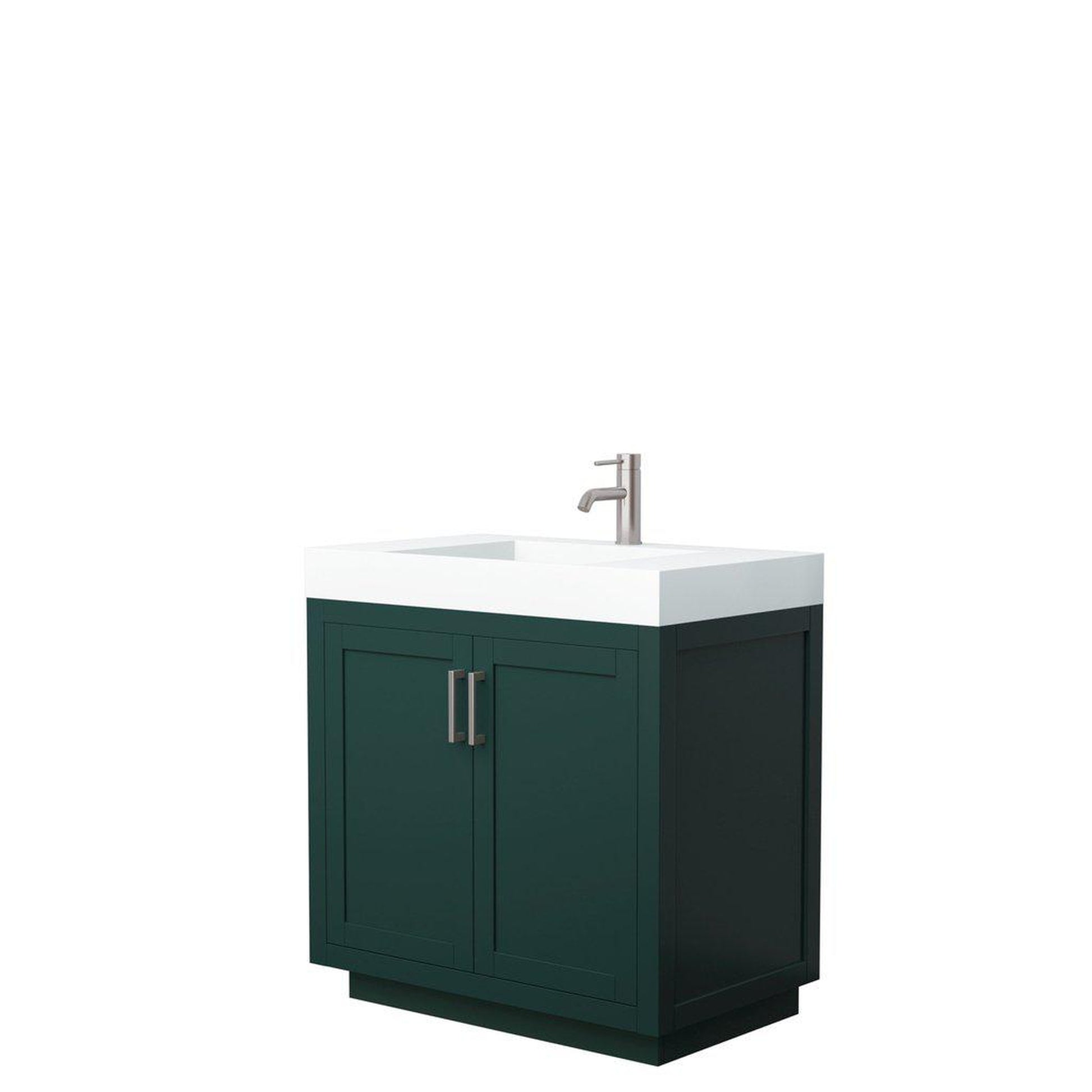 Wyndham Collection Miranda 36" Single Bathroom Green Vanity Set With 4" Thick Matte White Solid Surface Countertop, Integrated Sink, And Brushed Nickel Trim