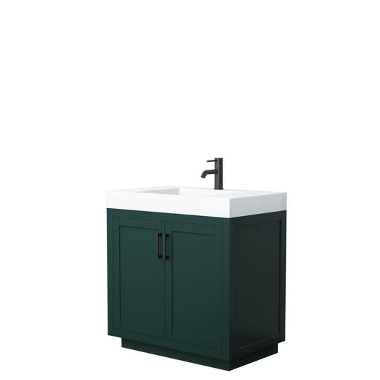 Wyndham Collection Miranda 36" Single Bathroom Green Vanity Set With 4" Thick Matte White Solid Surface Countertop, Integrated Sink, And Matte Black Trim