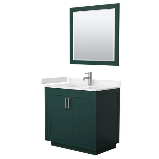 Wyndham Collection Miranda 36" Single Bathroom Green Vanity Set With Light-Vein Carrara Cultured Marble Countertop, Undermount Square Sink, 34" Mirror And Brushed Nickel Trim