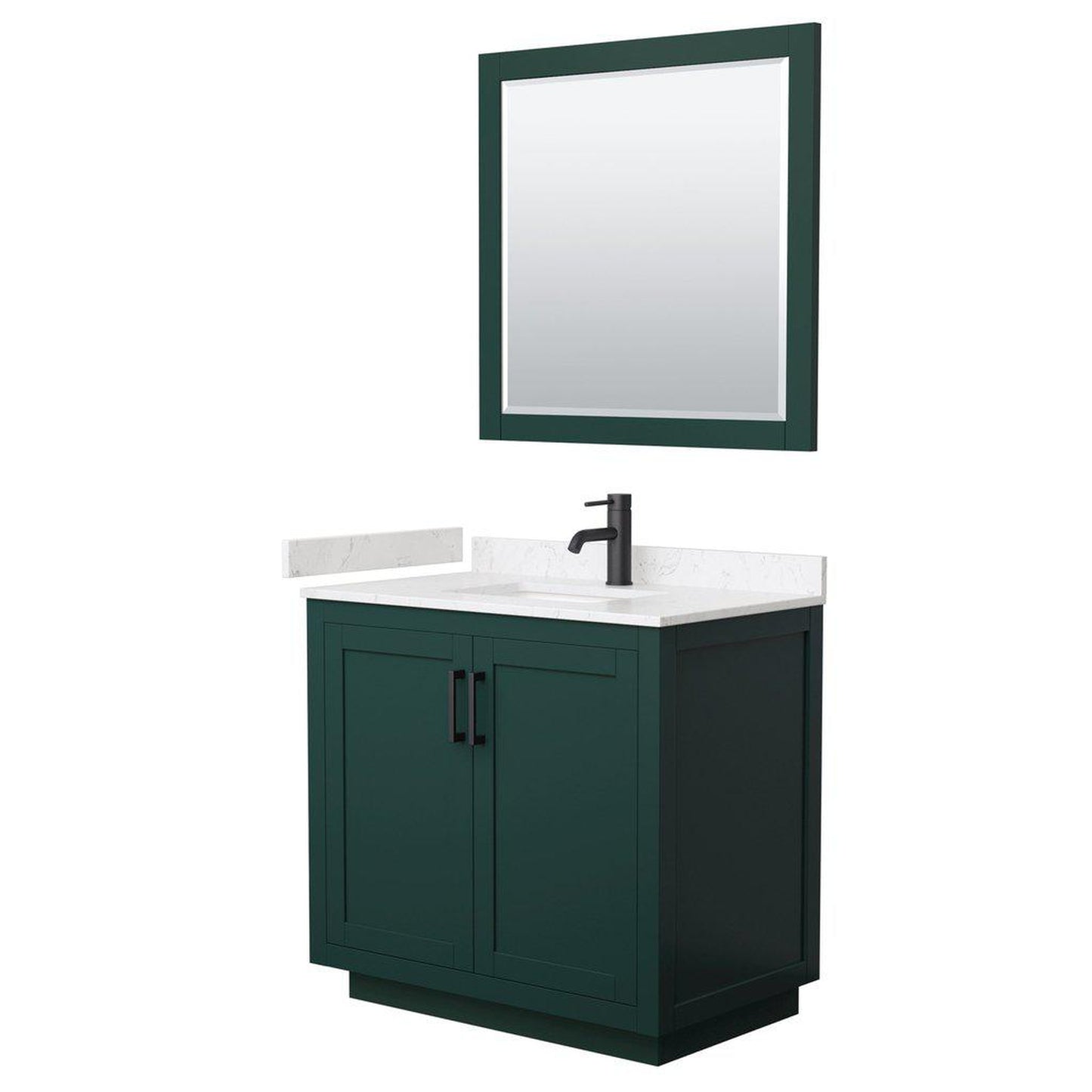 Wyndham Collection Miranda 36" Single Bathroom Green Vanity Set With Light-Vein Carrara Cultured Marble Countertop, Undermount Square Sink, 34" Mirror And Matte Black Trim