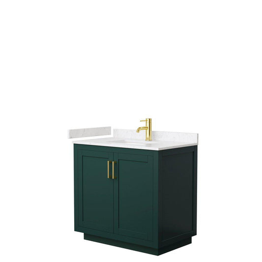 Wyndham Collection Miranda 36" Single Bathroom Green Vanity Set With Light-Vein Carrara Cultured Marble Countertop, Undermount Square Sink, And Brushed Gold Trim