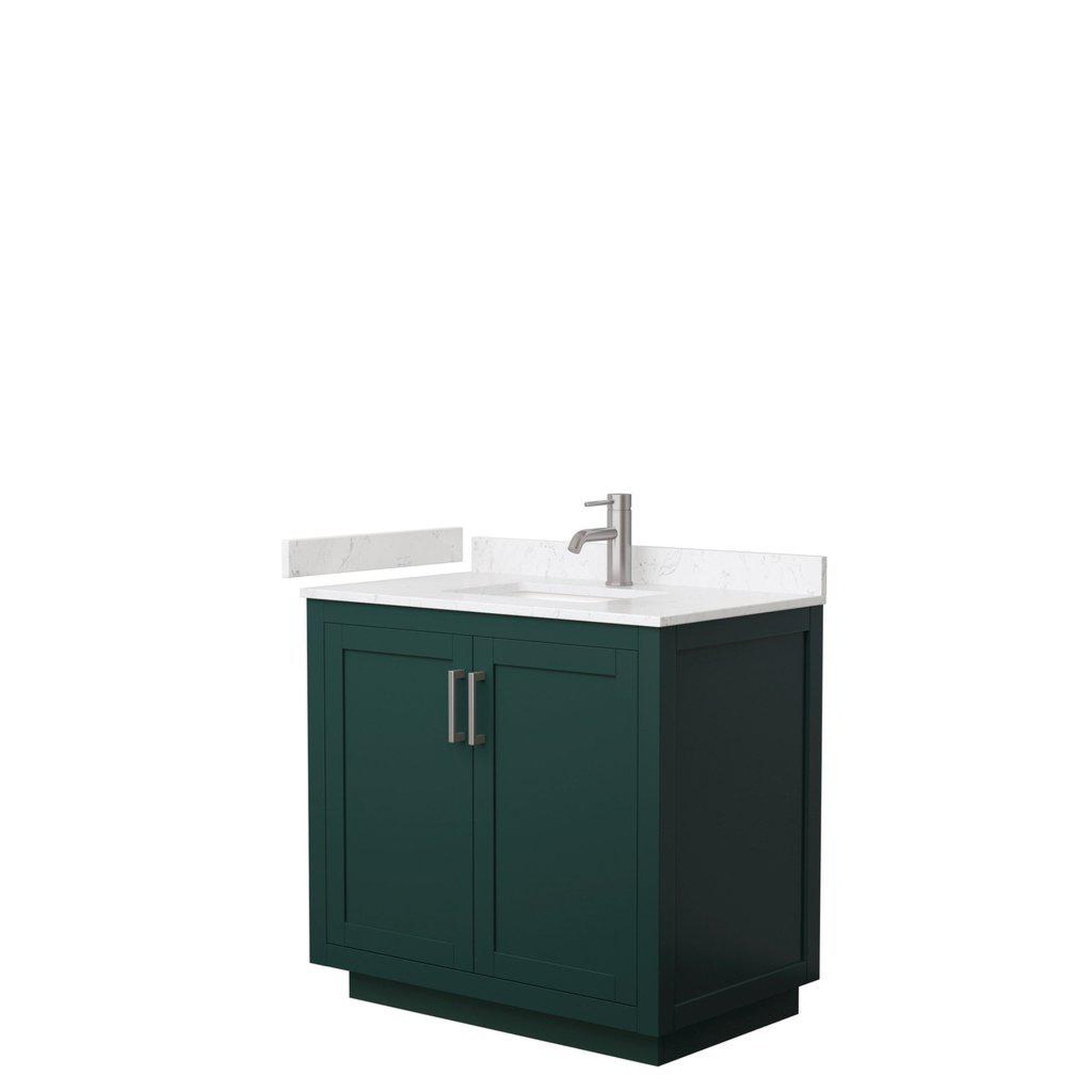 Wyndham Collection Miranda 36" Single Bathroom Green Vanity Set With Light-Vein Carrara Cultured Marble Countertop, Undermount Square Sink, And Brushed Nickel Trim