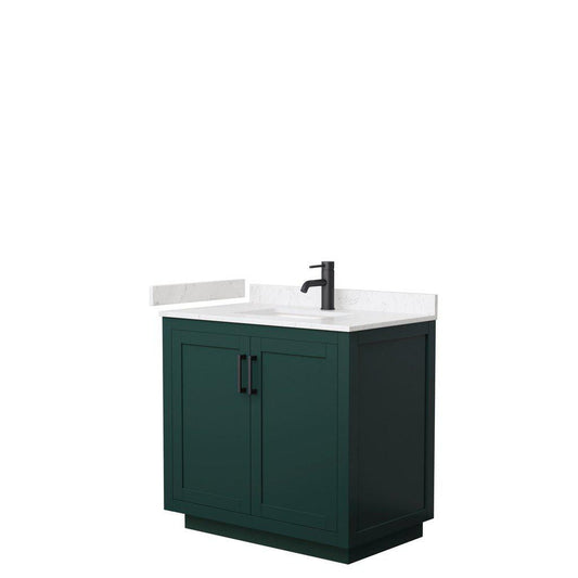 Wyndham Collection Miranda 36" Single Bathroom Green Vanity Set With Light-Vein Carrara Cultured Marble Countertop, Undermount Square Sink, And Matte Black Trim