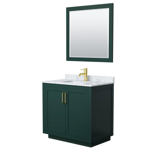 Wyndham Collection Miranda 36" Single Bathroom Green Vanity Set With White Carrara Marble Countertop, Undermount Square Sink, 34" Mirror And Brushed Gold Trim