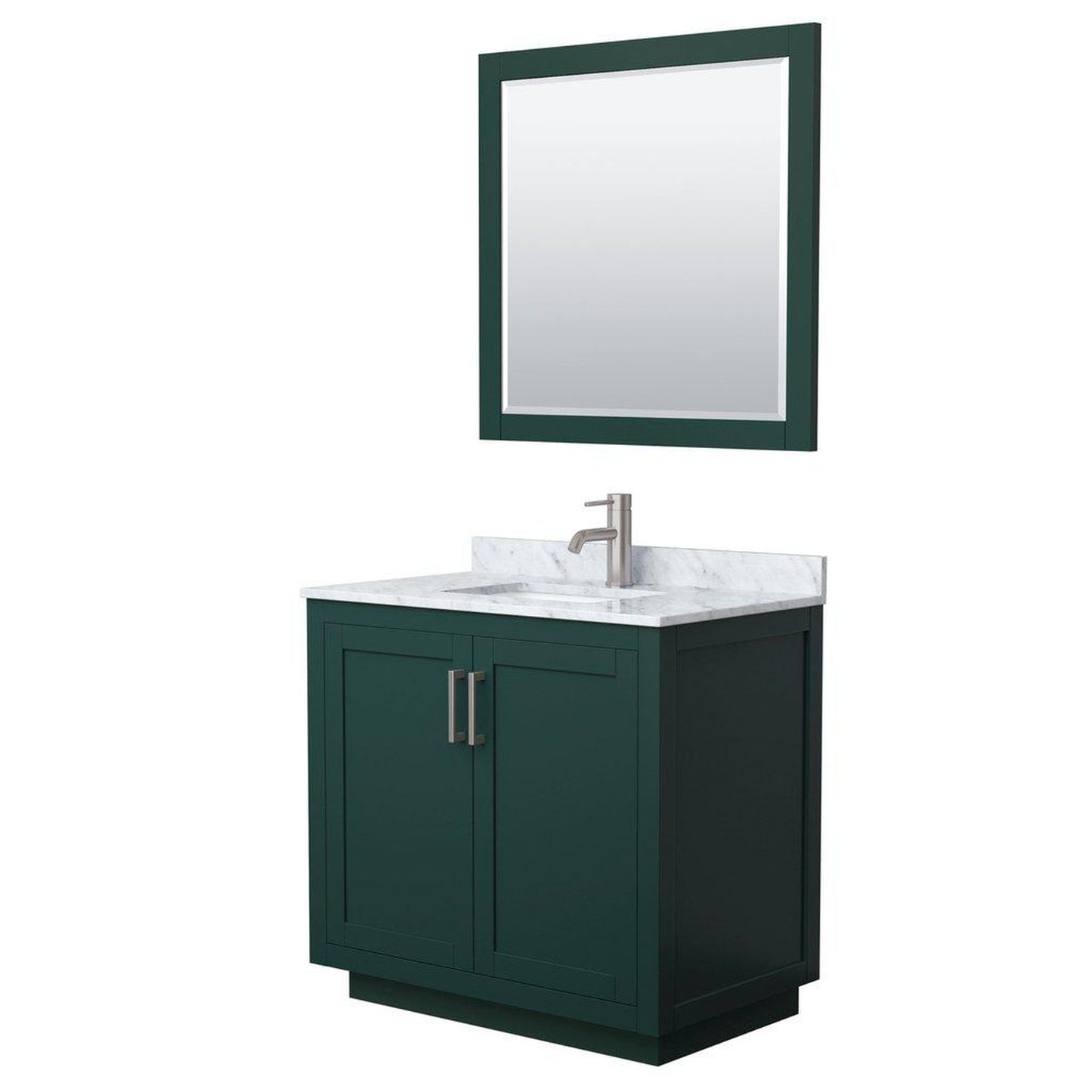 Wyndham Collection Miranda 36" Single Bathroom Green Vanity Set With White Carrara Marble Countertop, Undermount Square Sink, 34" Mirror And Brushed Nickel Trim