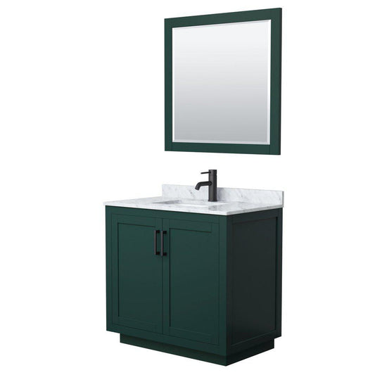 Wyndham Collection Miranda 36" Single Bathroom Green Vanity Set With White Carrara Marble Countertop, Undermount Square Sink, 34" Mirror And Matte Black Trim
