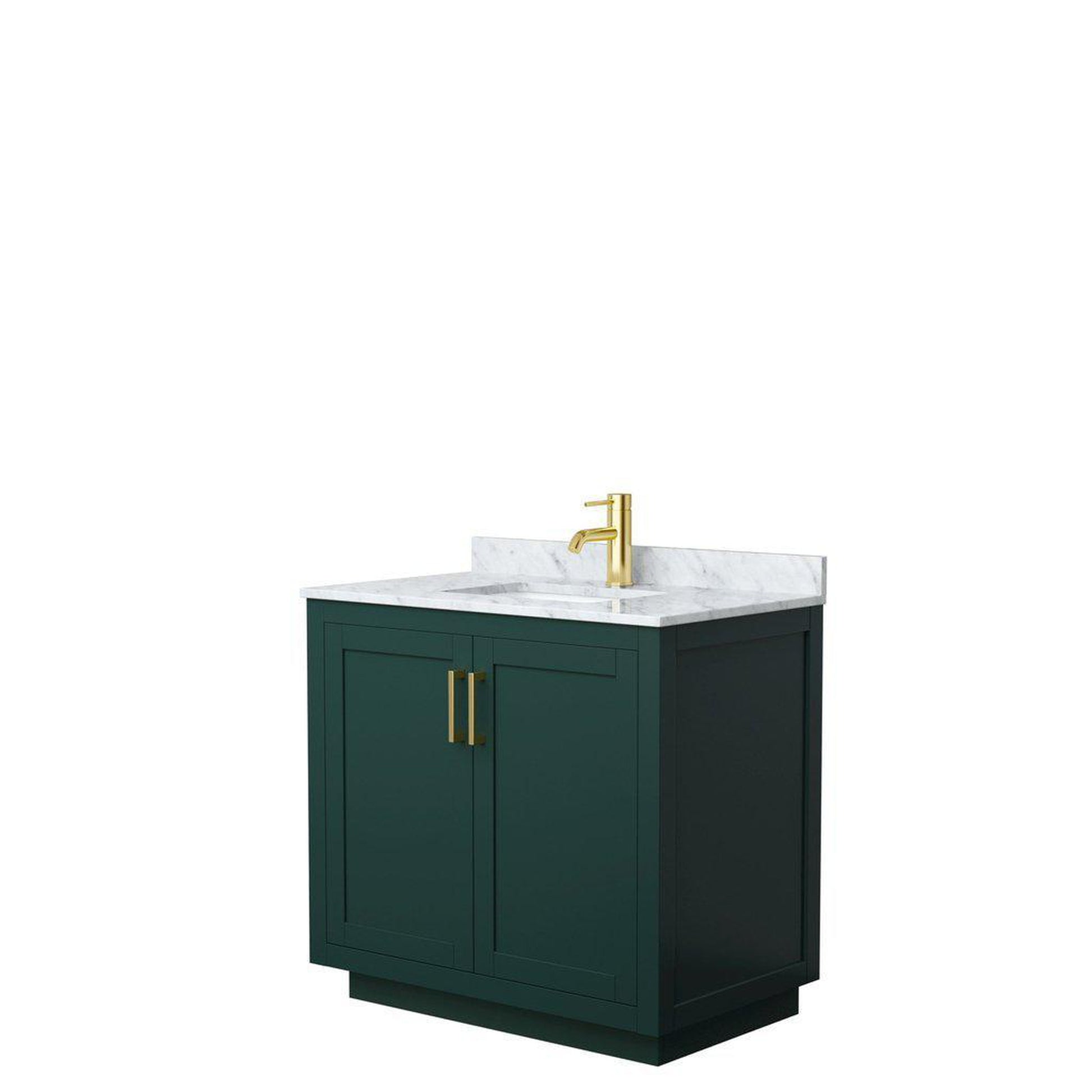 Wyndham Collection Miranda 36" Single Bathroom Green Vanity Set With White Carrara Marble Countertop, Undermount Square Sink, And Brushed Gold Trim