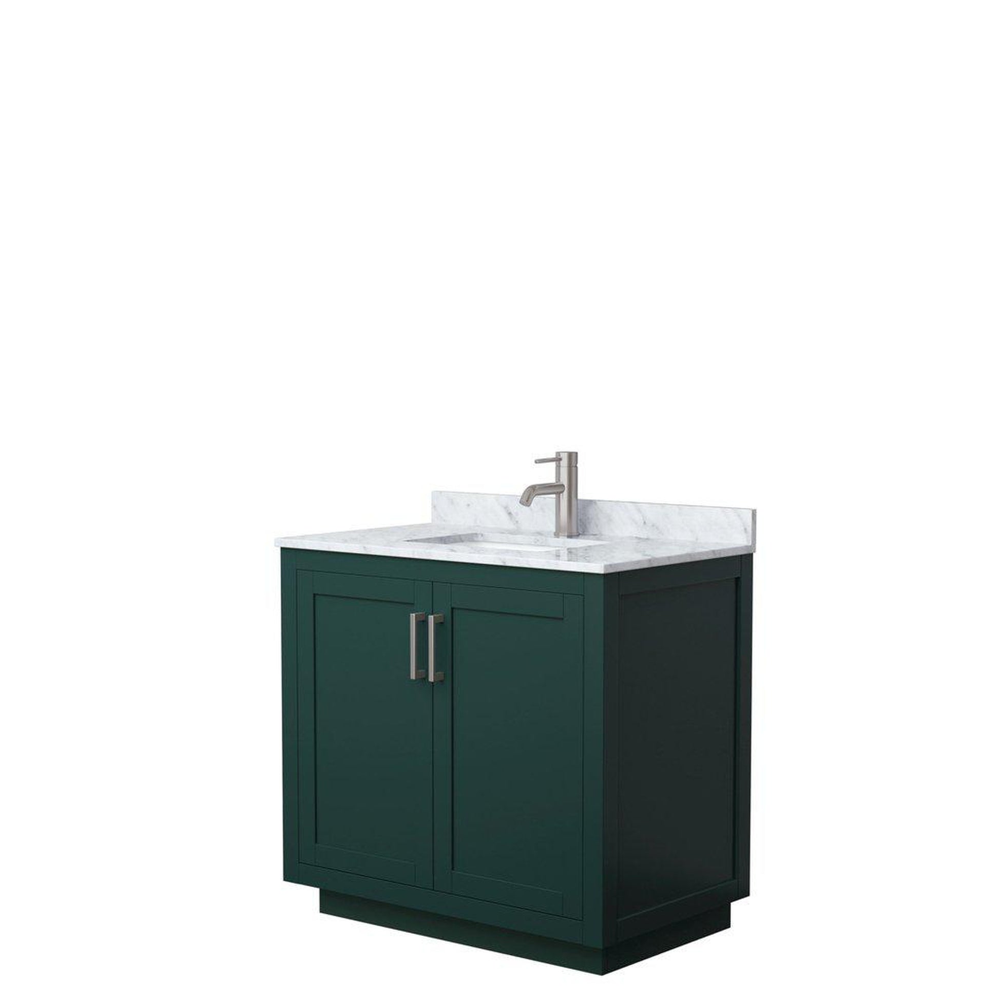 Wyndham Collection Miranda 36" Single Bathroom Green Vanity Set With White Carrara Marble Countertop, Undermount Square Sink, And Brushed Nickel Trim