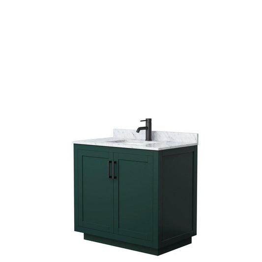 Wyndham Collection Miranda 36" Single Bathroom Green Vanity Set With White Carrara Marble Countertop, Undermount Square Sink, And Matte Black Trim