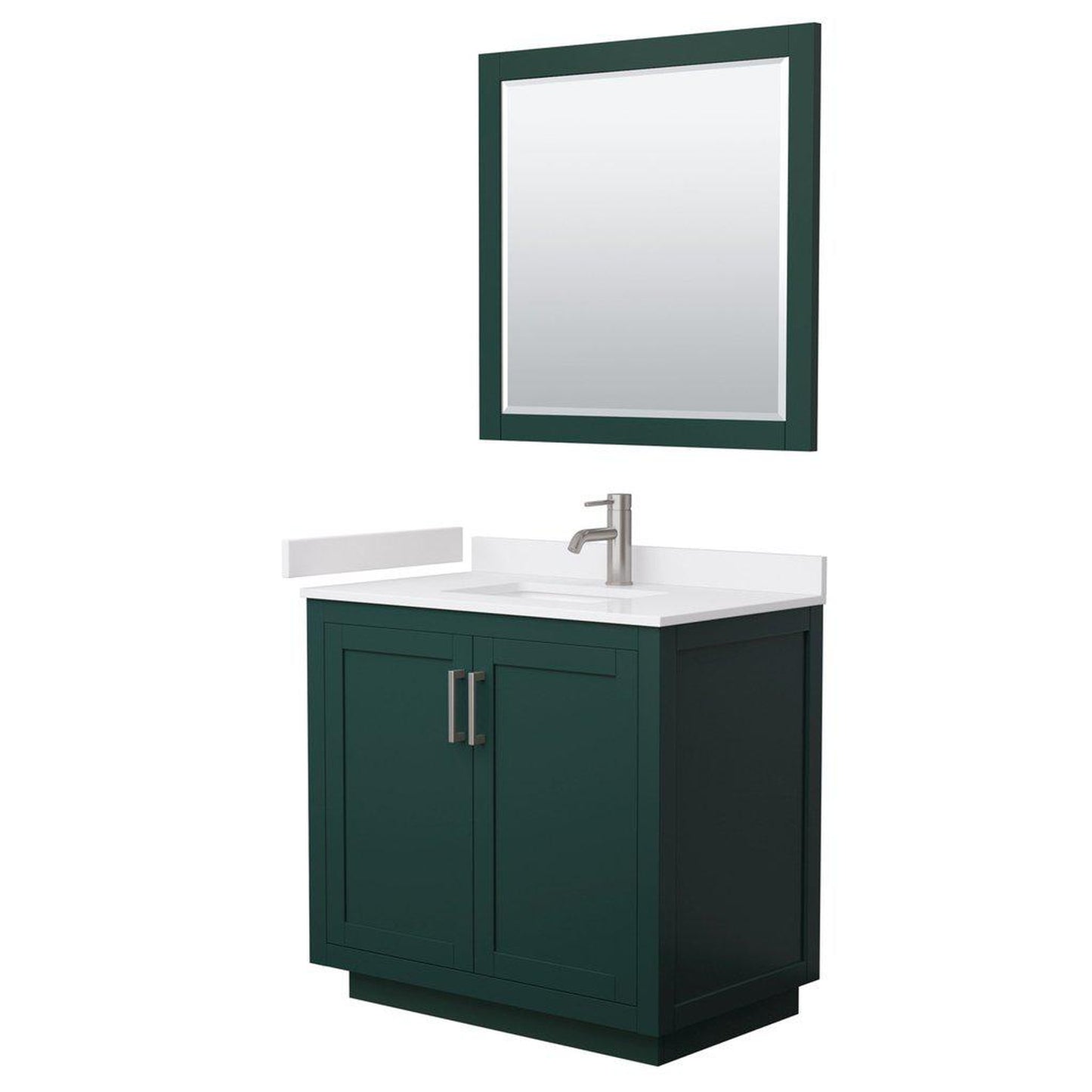 Wyndham Collection Miranda 36" Single Bathroom Green Vanity Set With White Cultured Marble Countertop, Undermount Square Sink, 34" Mirror And Brushed Nickel Trim