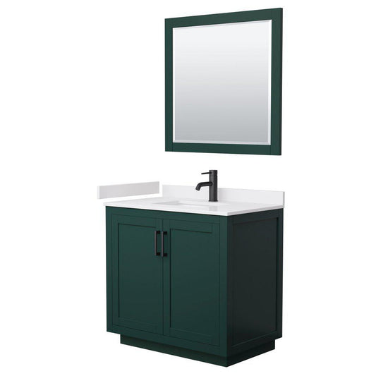 Wyndham Collection Miranda 36" Single Bathroom Green Vanity Set With White Cultured Marble Countertop, Undermount Square Sink, 34" Mirror And Matte Black Trim