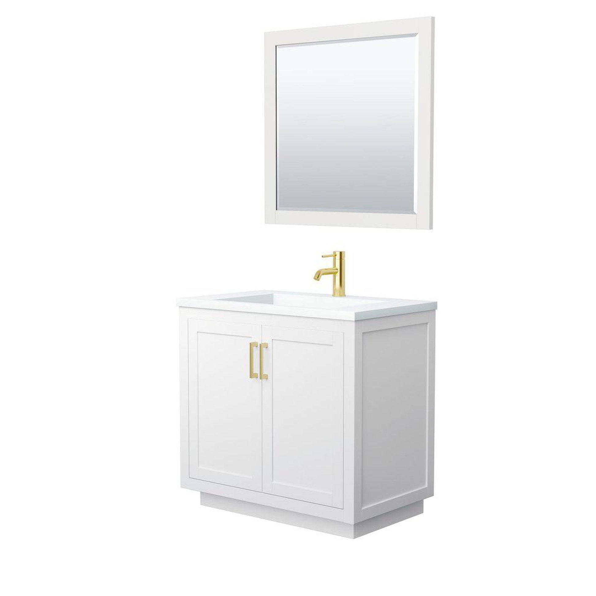 Wyndham Collection Miranda 36" Single Bathroom White Vanity Set With 1.25" Thick Matte White Solid Surface Countertop, Integrated Sink, 34" Mirror And Brushed Gold Trim