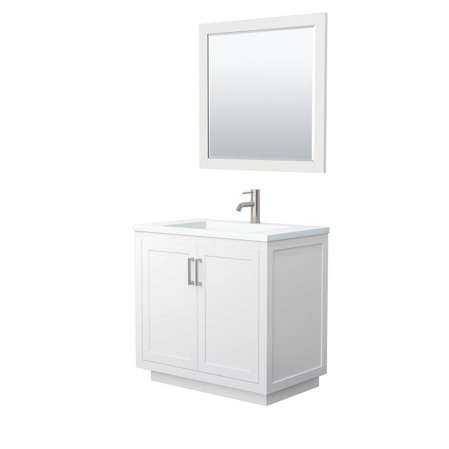 Wyndham Collection Miranda 36" Single Bathroom White Vanity Set With 1.25" Thick Matte White Solid Surface Countertop, Integrated Sink, 34" Mirror And Brushed Nickel Trim