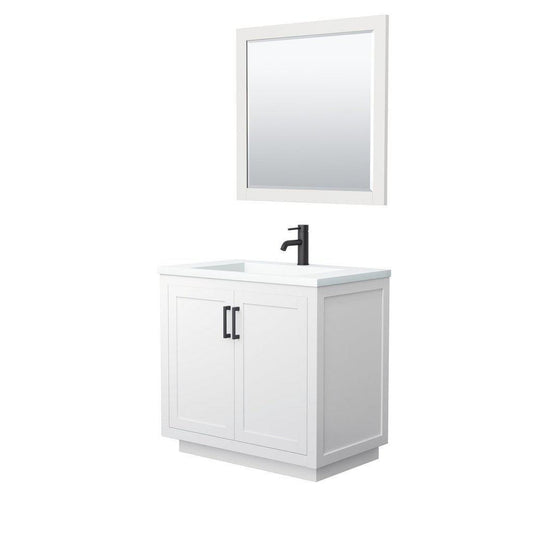 Wyndham Collection Miranda 36" Single Bathroom White Vanity Set With 1.25" Thick Matte White Solid Surface Countertop, Integrated Sink, 34" Mirror And Matte Black Trim