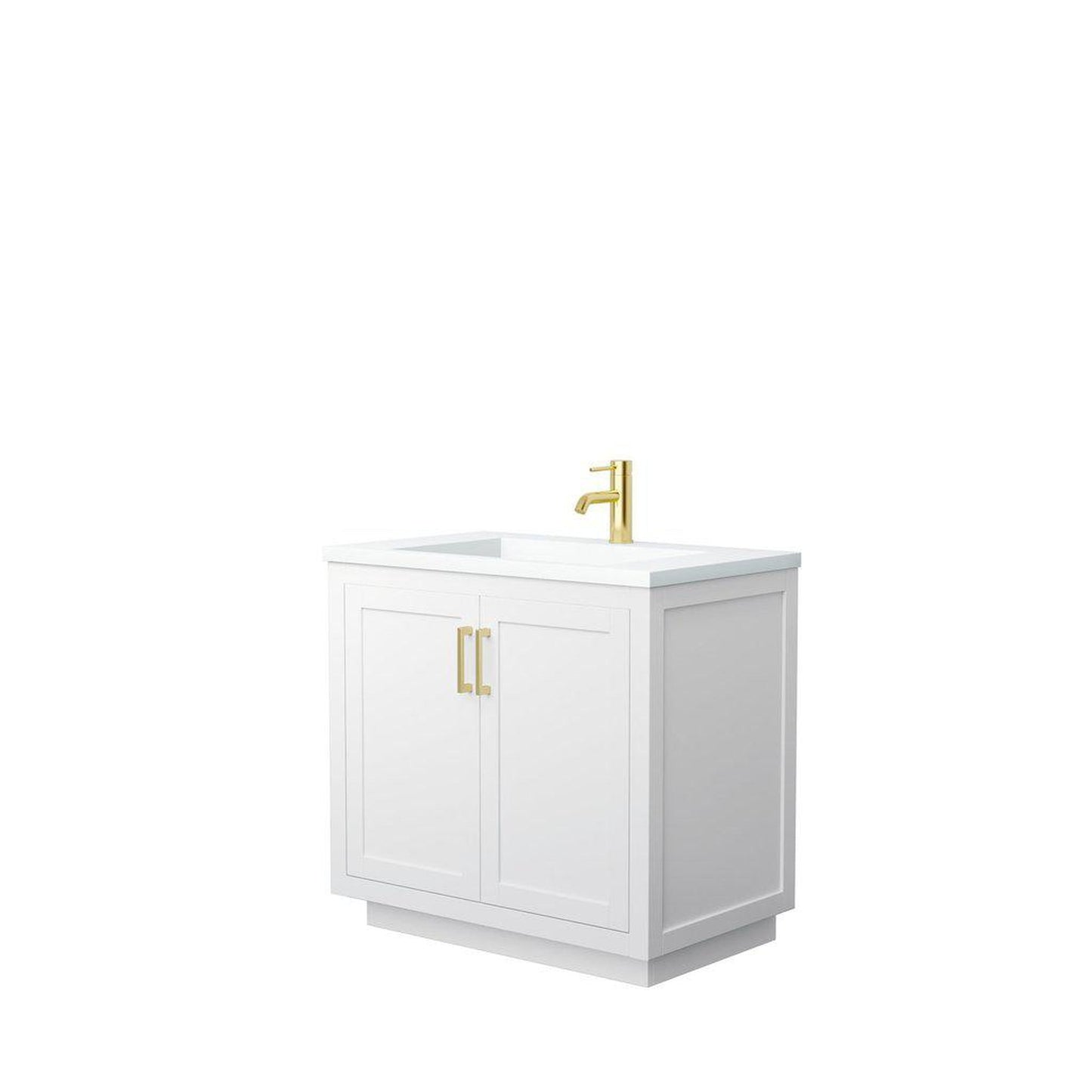 Wyndham Collection Miranda 36" Single Bathroom White Vanity Set With 1.25" Thick Matte White Solid Surface Countertop, Integrated Sink, And Brushed Gold Trim
