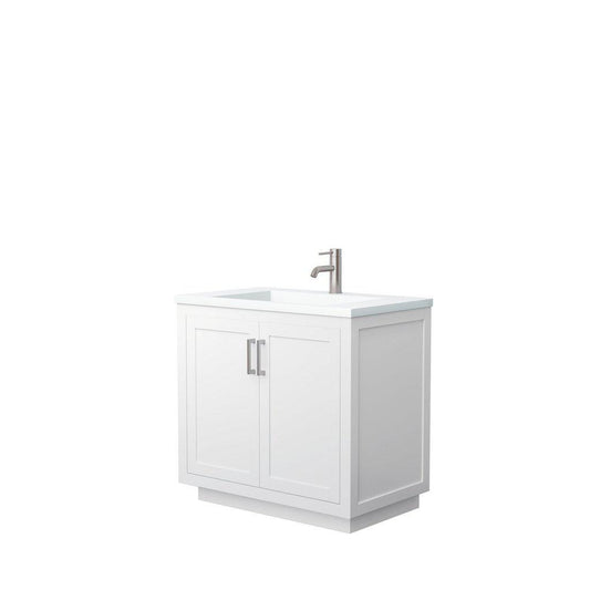 Wyndham Collection Miranda 36" Single Bathroom White Vanity Set With 1.25" Thick Matte White Solid Surface Countertop, Integrated Sink, And Brushed Nickel Trim