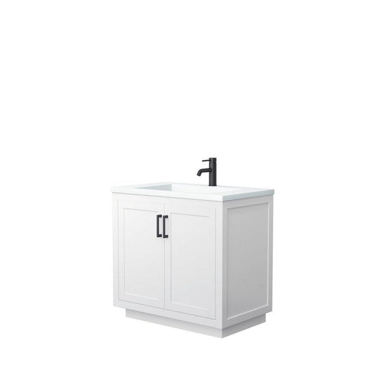 Wyndham Collection Miranda 36" Single Bathroom White Vanity Set With 1.25" Thick Matte White Solid Surface Countertop, Integrated Sink, And Matte Black Trim