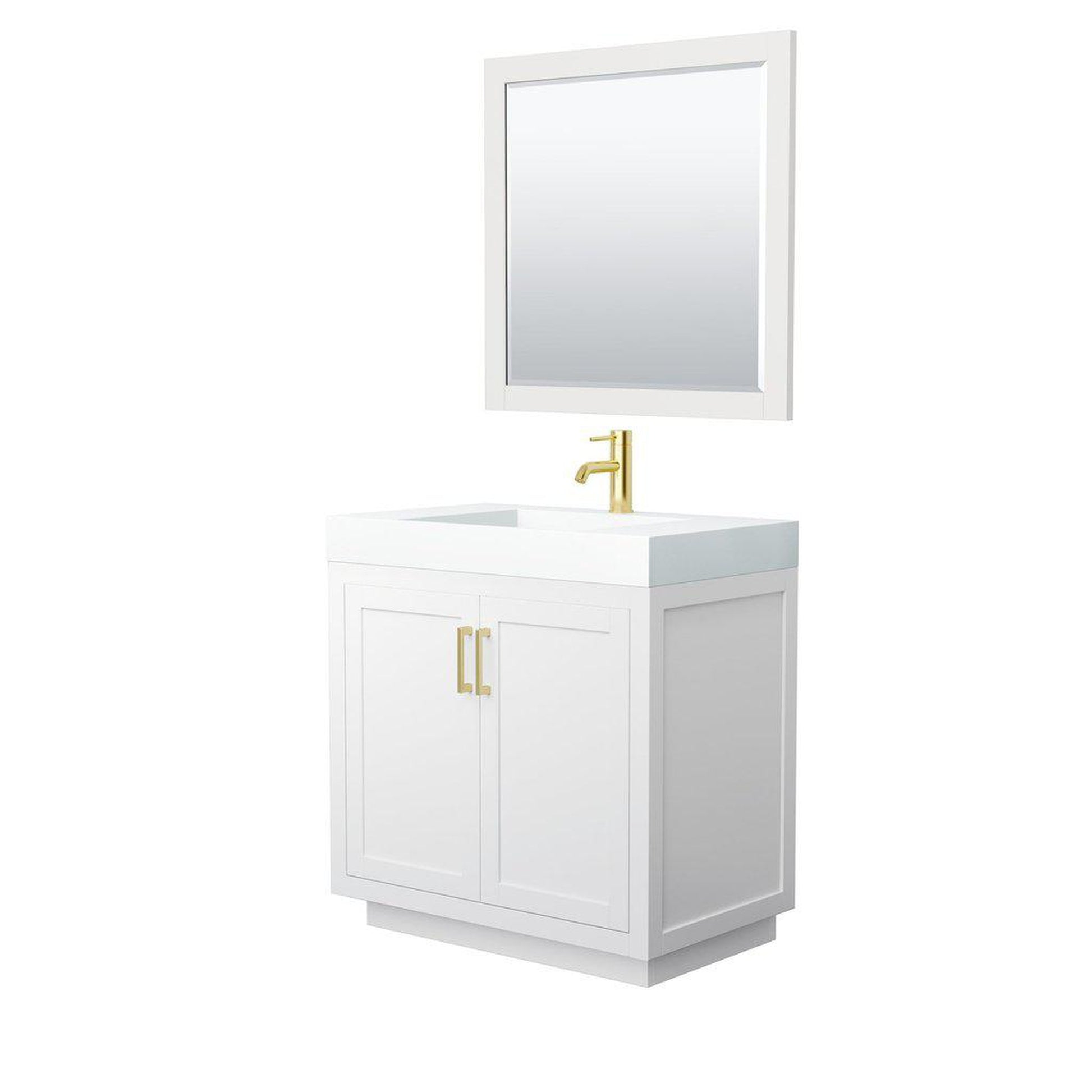 Wyndham Collection Miranda 36" Single Bathroom White Vanity Set With 4" Thick Matte White Solid Surface Countertop, Integrated Sink, 34" Mirror And Brushed Gold Trim