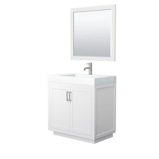 Wyndham Collection Miranda 36" Single Bathroom White Vanity Set With 4" Thick Matte White Solid Surface Countertop, Integrated Sink, 34" Mirror And Brushed Nickel Trim
