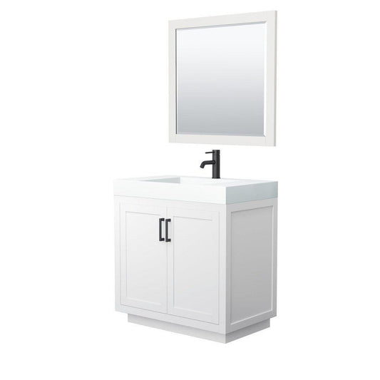 Wyndham Collection Miranda 36" Single Bathroom White Vanity Set With 4" Thick Matte White Solid Surface Countertop, Integrated Sink, 34" Mirror And Matte Black Trim
