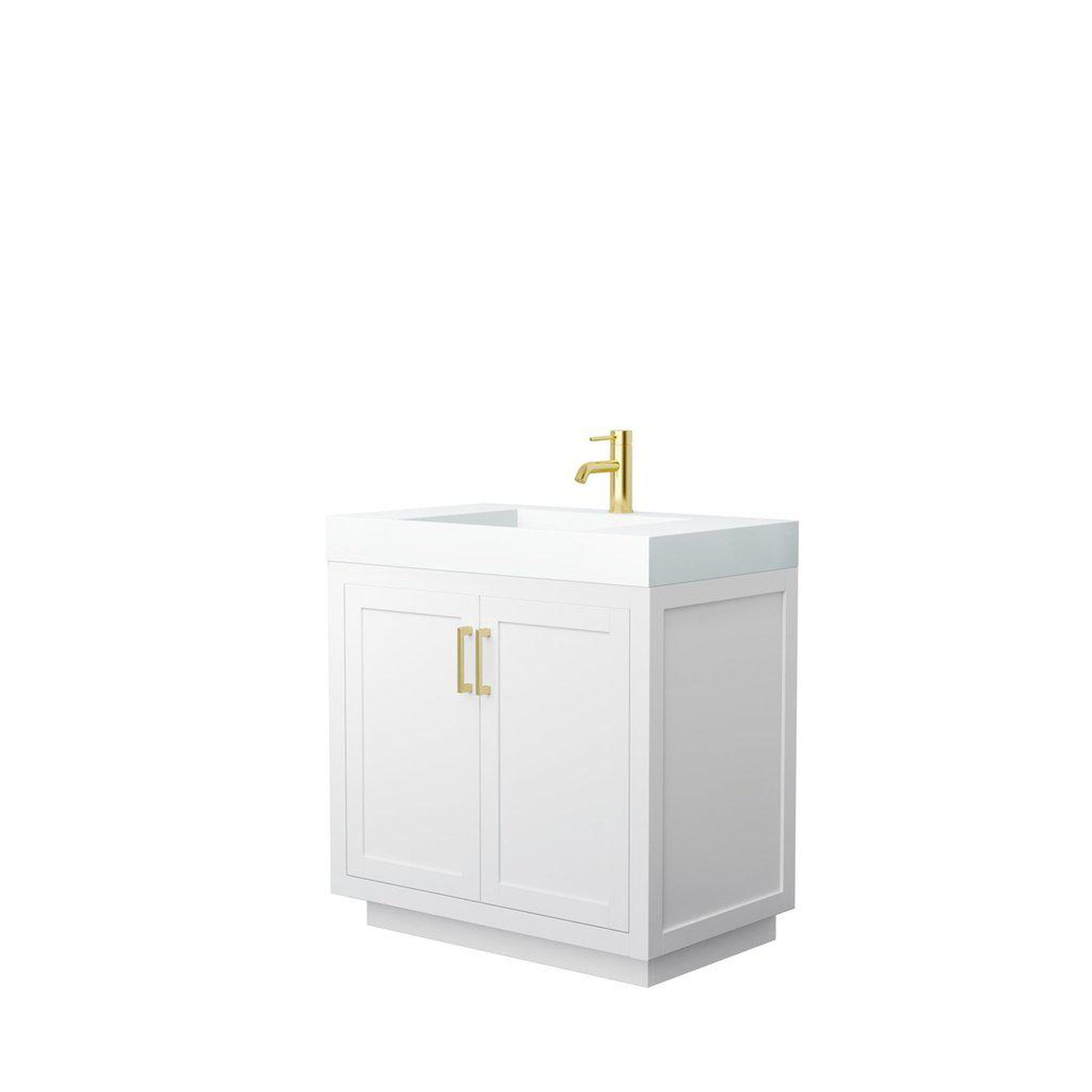 Wyndham Collection Miranda 36" Single Bathroom White Vanity Set With 4" Thick Matte White Solid Surface Countertop, Integrated Sink, And Brushed Gold Trim
