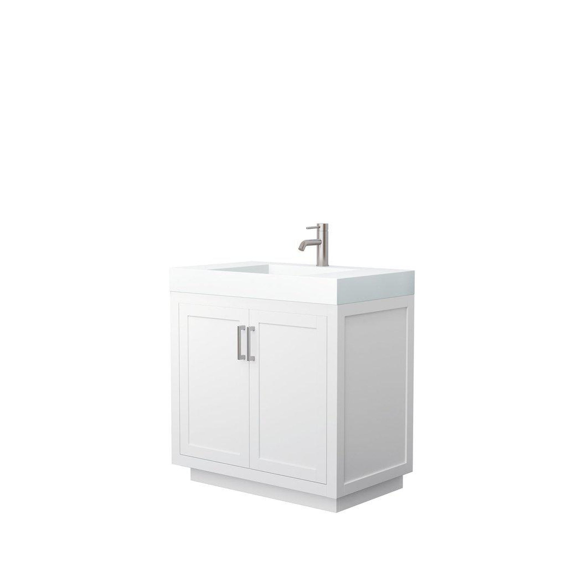 Wyndham Collection Miranda 36" Single Bathroom White Vanity Set With 4" Thick Matte White Solid Surface Countertop, Integrated Sink, And Brushed Nickel Trim
