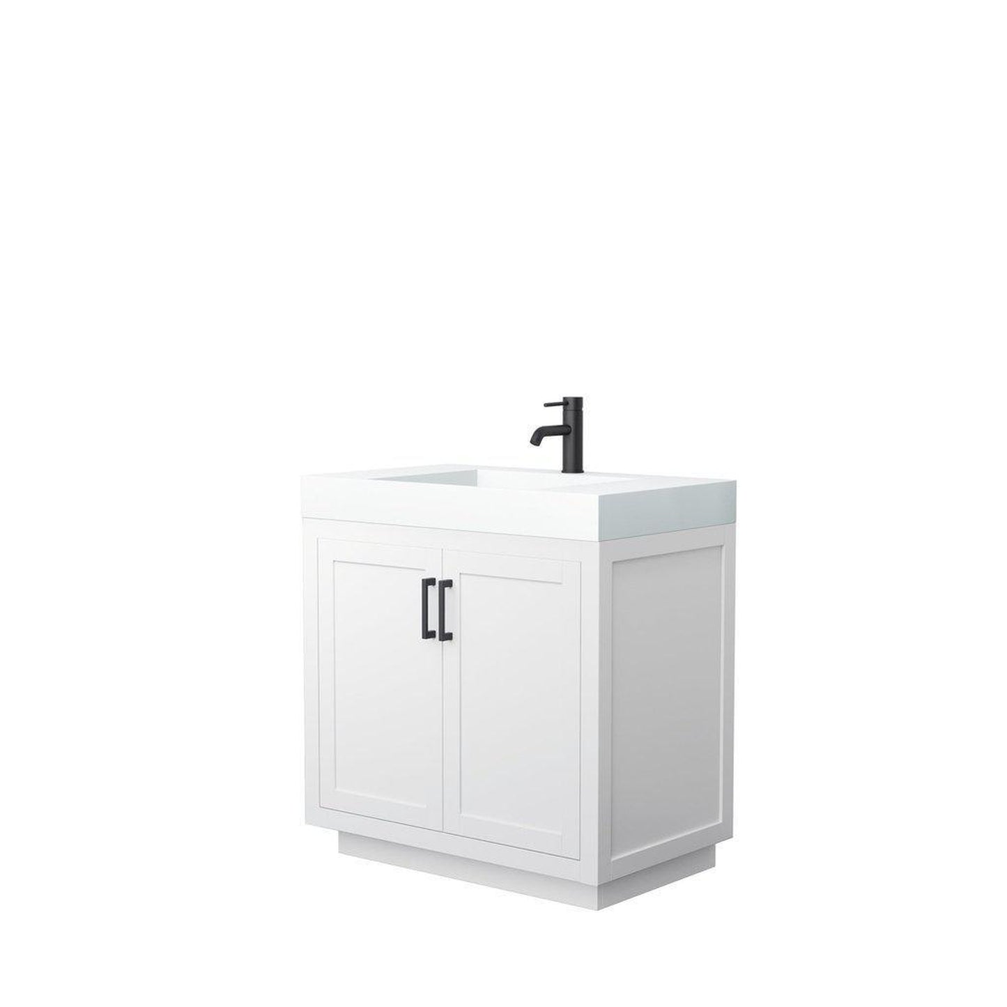 Wyndham Collection Miranda 36" Single Bathroom White Vanity Set With 4" Thick Matte White Solid Surface Countertop, Integrated Sink, And Matte Black Trim